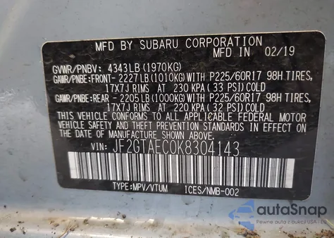 2019 Subaru Crosstrek 2.0I Premium z USA, uszkodzony, nr VIN JF2GTAEC0K8304143